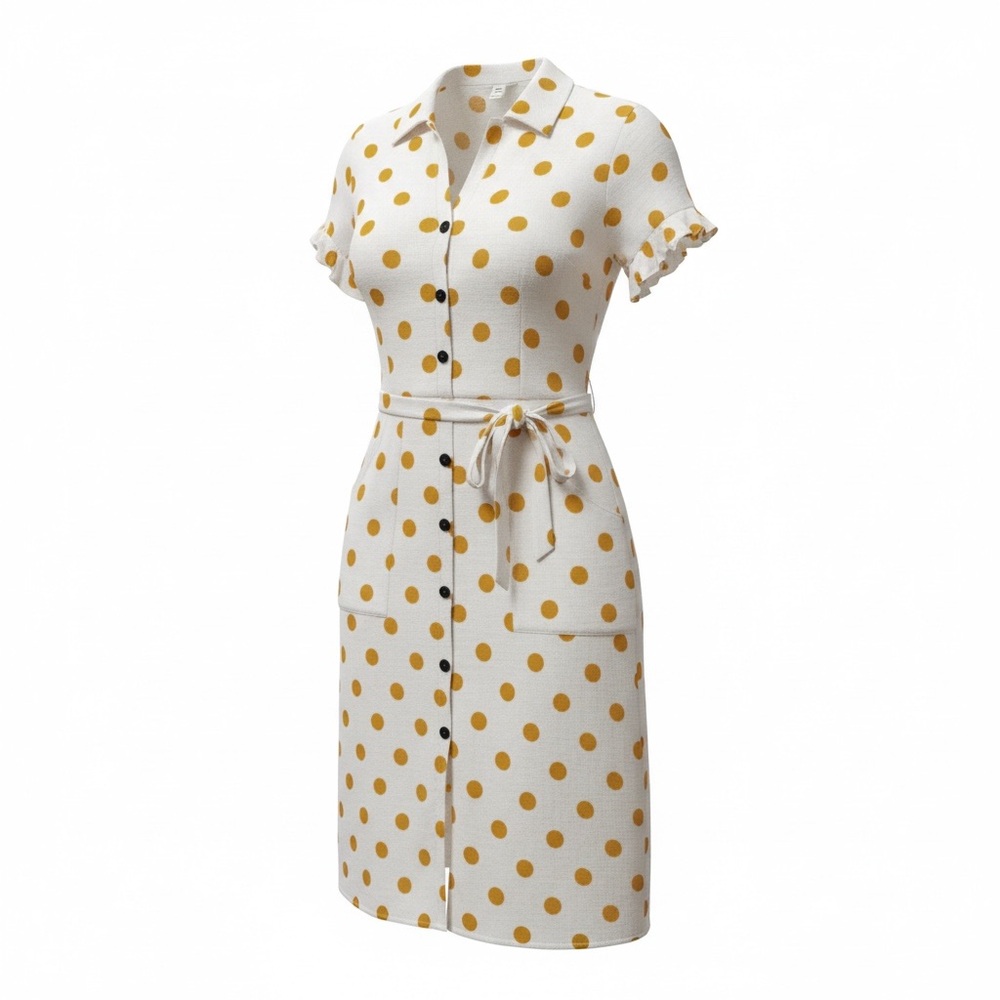 Monteau Cream Yellow Polka Dot Midi Dress Flowy Feminine